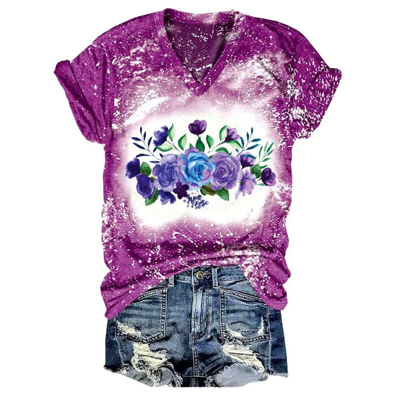 Women's spring and summer flowers tie-dye printing T-shirt
